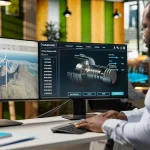 Engineer using AI-powered digital twin technology to analyze manufacturing equipment performance and product design simulations.