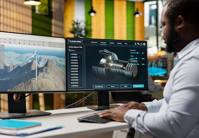 Engineer using AI-powered digital twin technology to analyze manufacturing equipment performance and product design simulations.