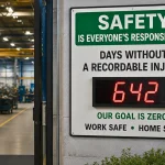 Image of manufacturing plant with a days without injury sign